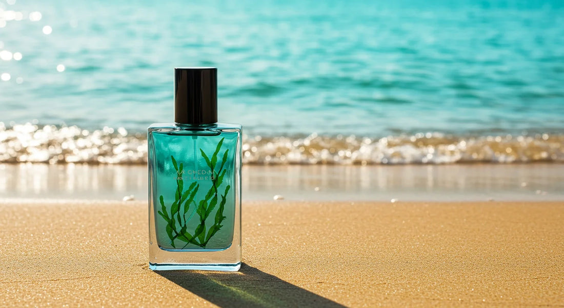 a beach scene with a perfume bottle featuring aquatic notes