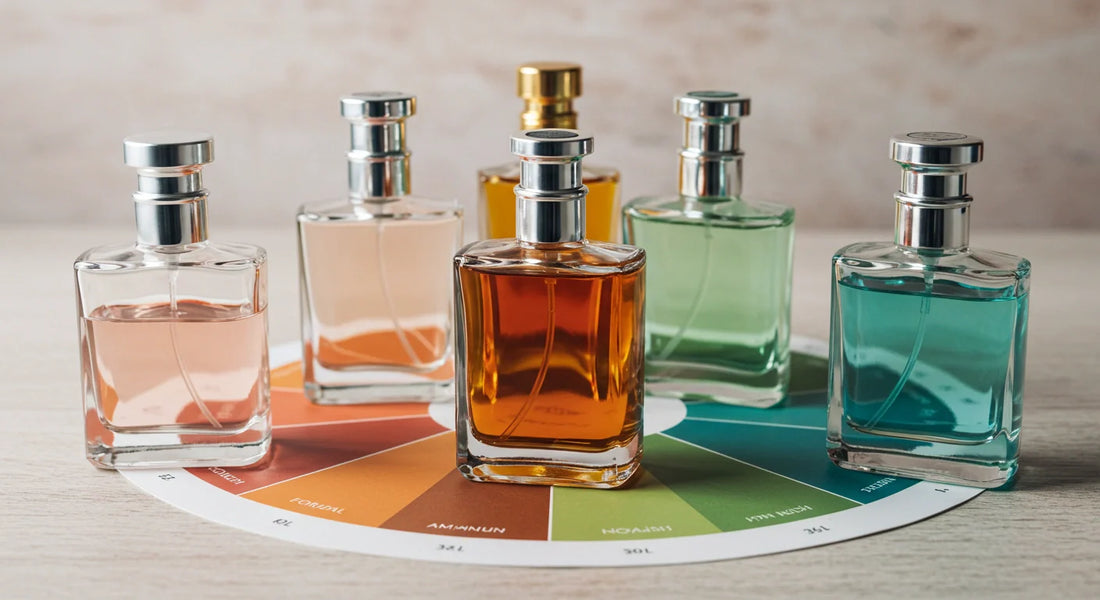 colored fragrance bottles placed on a fragrance wheel