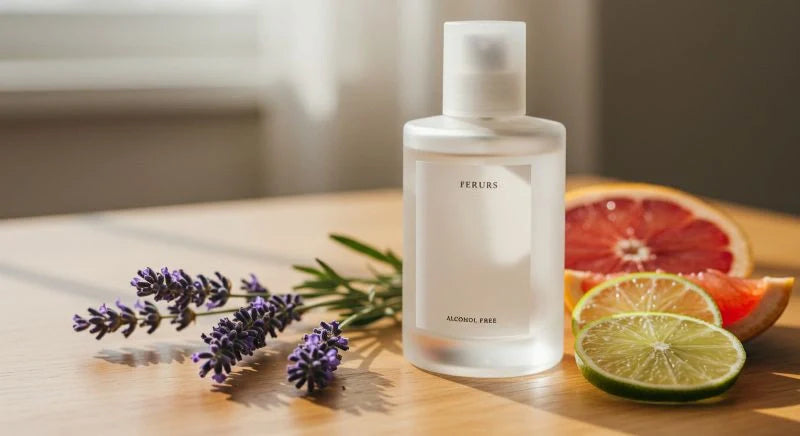 Minimalist alcohol free perfume for women displayed with lime, grapefruit, and lavender flowers.