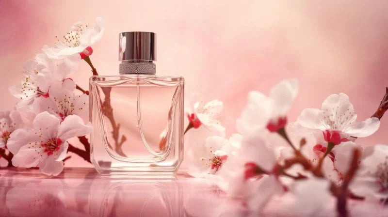 Romantic perfume bottle surrounded by blooming flowers.