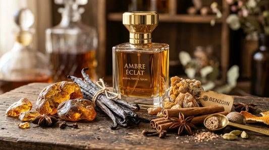 Luxury perfume bottle with amber resin, vanilla, and spices representing a woody amber fragrance for men.