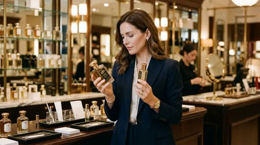 Woman testing multiple perfume bottles in a luxury store to compare extrait de parfum vs eau de parfum fragrances