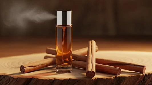Cedarwood perfume bottle surrounded by cedarwood sticks, showcasing the warm, earthy fragrance of cedarwood.