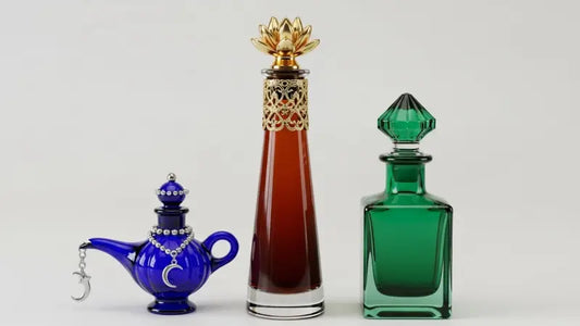 Exotic perfume bottles in unique, intricate designs: a blue lamp-shaped bottle, a tall amber bottle with a golden cap, and a green, geometric bottle.