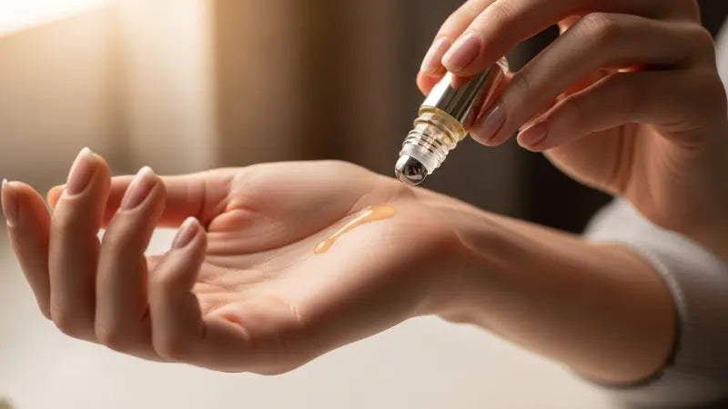 Demonstrating how to apply perfume with a rollerball bottle to the wrist, gently releasing the fragrance.