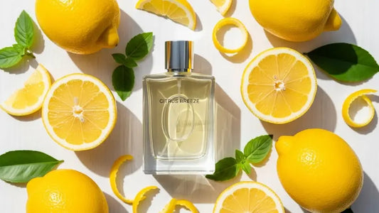 Casual perfume bottle labeled 'Citrus Breeze,' surrounded by fresh lemons and citrus peels, offering a refreshing and light fragrance.
