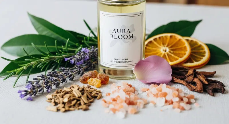 A bottle of Aura Bloom cruelty-free perfume surrounded by natural ingredients such as lavender, orange slices, and salt crystals, emphasizing the eco-friendly, cruelty-free fragrance made from recycled materials.