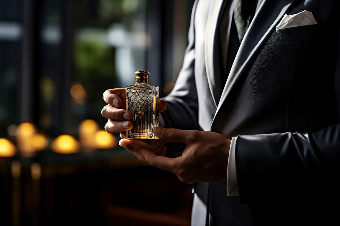 A man in a suit holding a high-end exclusive perfume bottle, emphasizing the luxurious nature and refined packaging of exclusive fragrances