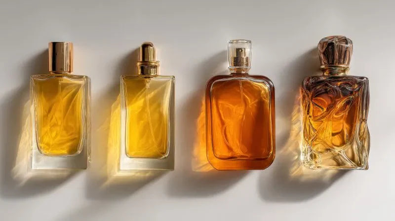 An elegant display of four perfume gift bottles arranged in a row, showcasing luxury fragrances in amber-colored glass, ideal for high-end gift sets