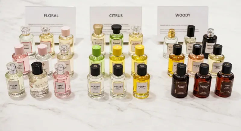 A display of various types of fragrances sorted by category, including floral, citrus, and woody scents, with each fragrance in its own bottle, showcasing the diverse fragrance families available.