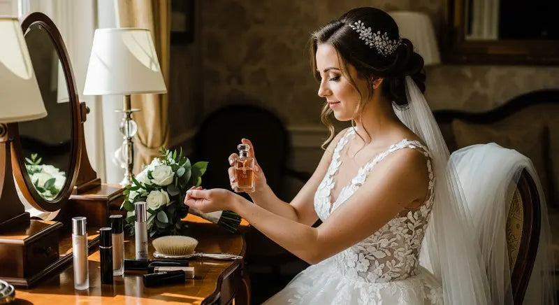 A bride applying her wedding perfume while getting ready in front of a vanity, capturing a peaceful moment before walking down the aisle.