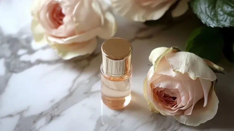 A luxurious holiday perfume set featuring a rose-scented perfume bottle placed alongside soft pink roses, creating an elegant festive atmosphere.