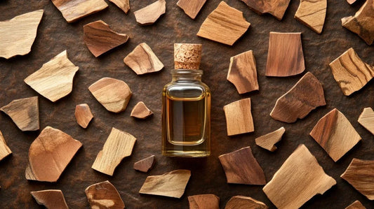 A fragrance bottle surrounded by sandalwood, offering the best sandalwood fragrance with its deep, woody notes that create an unforgettable and calming scent