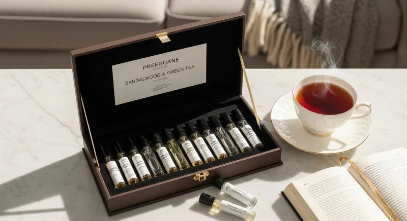 A fragrance sampler set with various perfume vials, including Sandalwood & Green Tea scent, paired with a cup of tea for a relaxing experience.