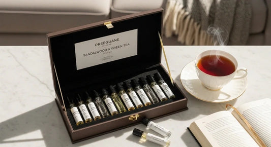 A fragrance sampler set with various perfume vials, including Sandalwood & Green Tea scent, paired with a cup of tea for a relaxing experience.