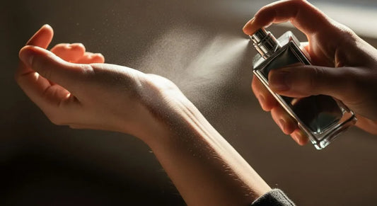 Person applying perfume on wrist to experience layered fragrance scent notes that reveal top, heart, and base perfume fragrance notes over time
