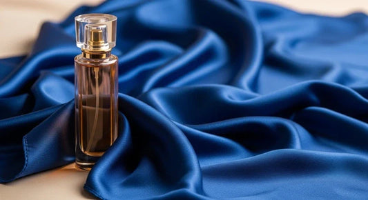 An elegant perfume bottle resting on luxurious blue satin fabric, showcasing its opulent design and exquisite fragrance in a refined setting.