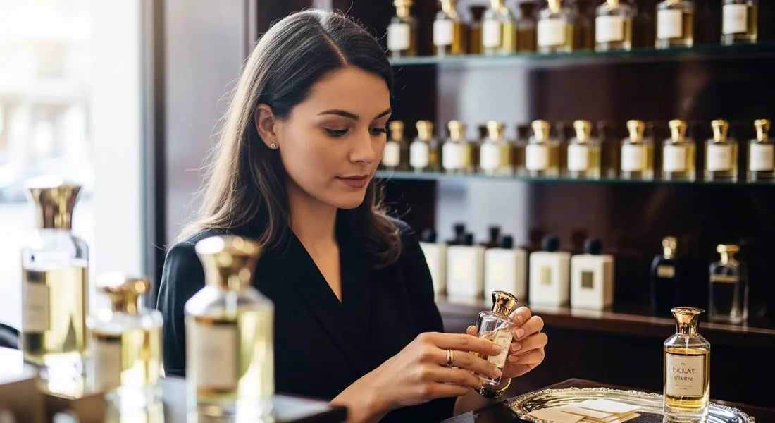 Woman testing fragrances in store while comparing levels of perfume concentrations and exploring a complete perfume concentration guide.