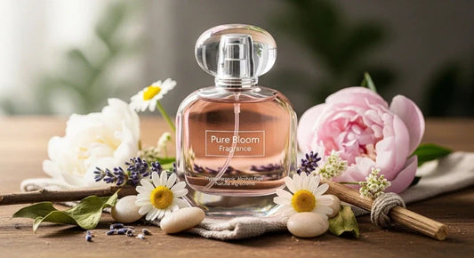 A Pure Bloom fragrance bottle surrounded by fresh flowers, designed for sensitive skin with natural ingredients and alcohol-free formulation