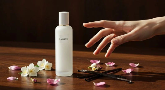 Elegant white bottle showcasing milky perfume scents surrounded by delicate petals and vanilla.