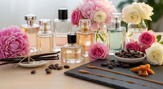 Floral fruity gourmand fragrances for women, displayed with peony flowers, vanilla, and coffee beans, highlighting the sweet, fruity, and floral blend of the perfumes.
