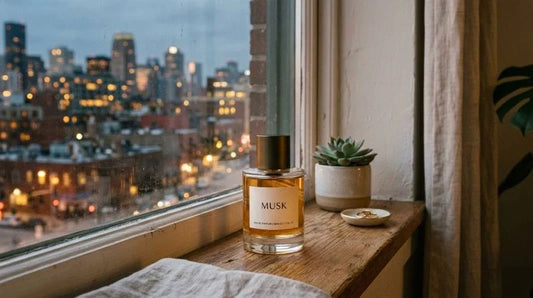 Musk perfume bottle on a windowsill overlooking a city skyline at dusk.
