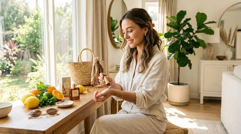Woman applying high concentration perfume oil to her wrist in a bright home setting with elegant fragrance bottles nearby