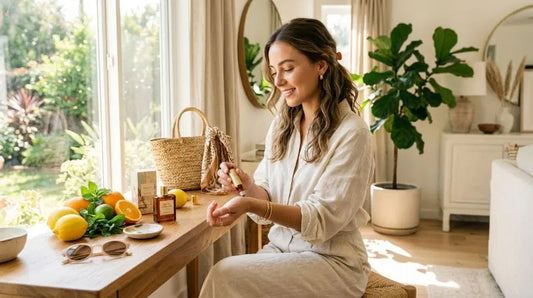 Woman applying high concentration perfume oil to her wrist in a bright home setting with elegant fragrance bottles nearby