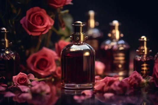 Luxurious perfume bottles surrounded by roses, gender-neutral fragrance