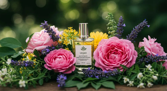 Vegan fragrance bottle surrounded by vibrant flowers, highlighting eco-friendly scents