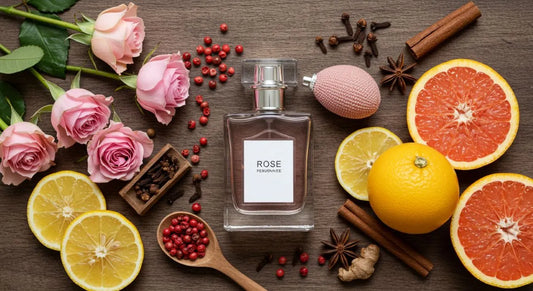 A fresh rose perfume bottle surrounded by citrus fruits and spices, offering a vibrant and aromatic fragrance