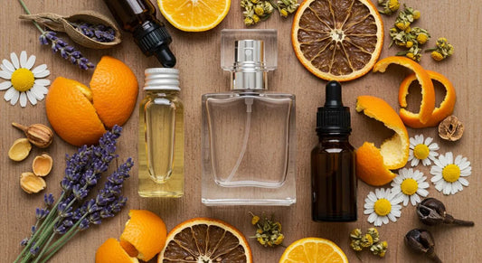 A hypoallergenic perfume bottle surrounded by orange slices, lavender flowers, and essential oils for sensitive skin.
