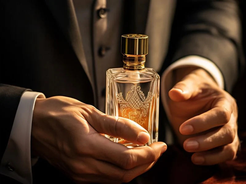 A man dressed in a suit, holding an elegant perfume bottle, emphasizing luxury and refinement.