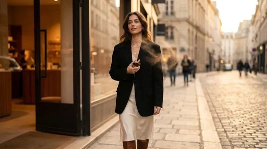 Woman walking through a city street after applying perfume, showing the difference between sillage vs projection in fragrance presence.