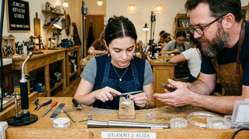Student creating a custom ring with a jeweler during an Irvine ring making workshop using professional tools.