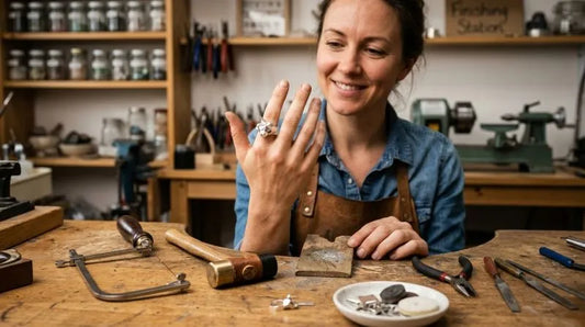 Jewelry maker admiring handmade sterling silver rings in a workshop.