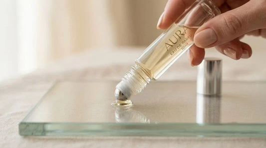 Close-up of a hand applying oil perfume with a fragrance roller bottle on a glass surface.