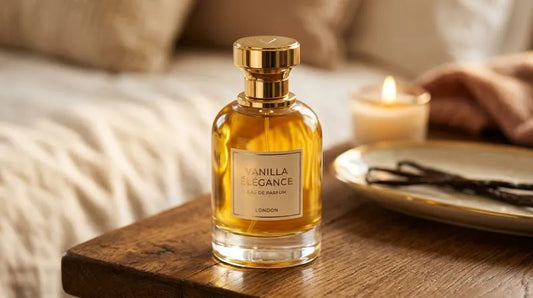 A close-up of a vanilla perfume for women, "Vanilla Élégance," placed on a wooden table beside a lit candle, evoking warmth and elegance.
