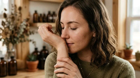 Woman smelling vetiver perfume on her wrist in a warm natural fragrance studio.