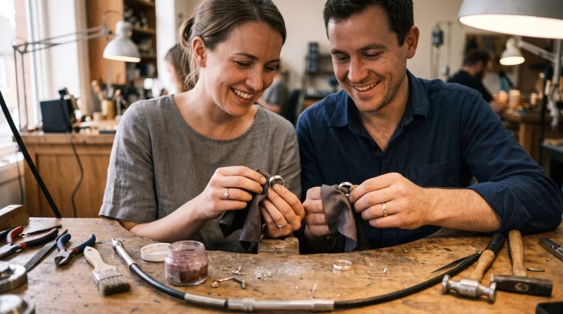 Couple creating custom bands while they design your own wedding ring together