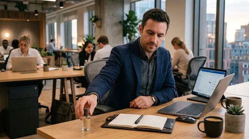 Professional man placing perfume for work on his desk in a modern open office.